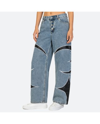 Leather patchwork jeans