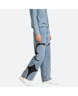 Leather patchwork jeans