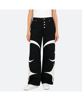 Black leather patchwork jeans