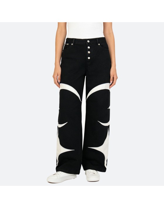 Black leather patchwork jeans