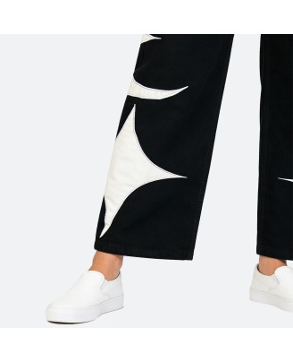 Black leather patchwork jeans