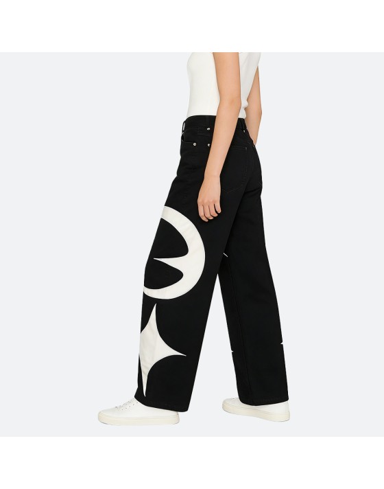 Black leather patchwork jeans