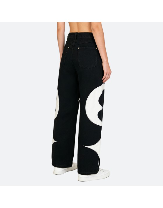 Black leather patchwork jeans