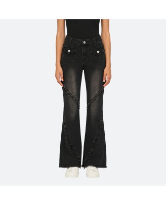 Denim patchwork frayed flared pants