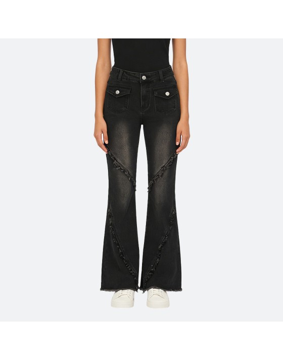 Denim patchwork frayed flared pants