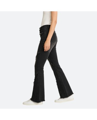 Denim patchwork frayed flared pants