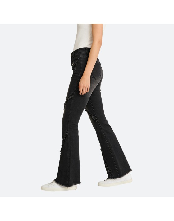 Denim patchwork frayed flared pants