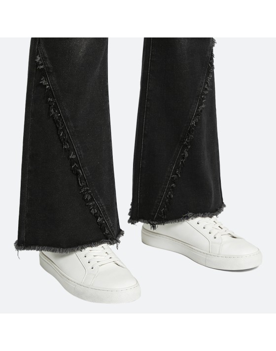 Denim patchwork frayed flared pants