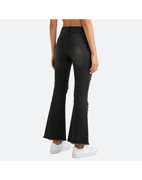 Denim patchwork frayed flared pants